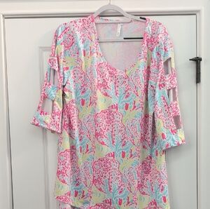 Lulu-B Vibrant Pink and Blue Blouse with Unique Sleeves